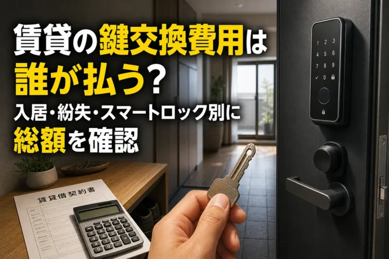 賃貸住宅の玄関に、鍵とスマートロック、契約書が並んでいる。