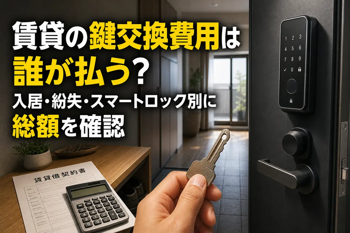 賃貸住宅の玄関に、鍵とスマートロック、契約書が並んでいる。