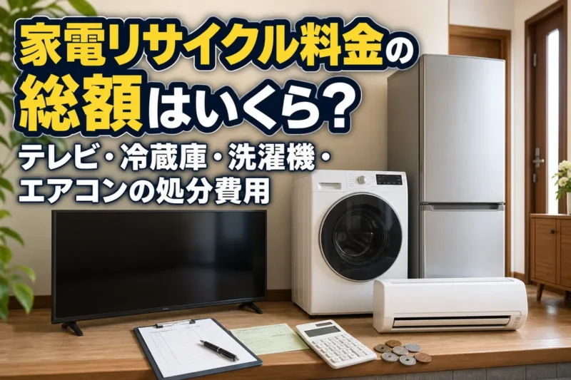 テレビ、冷蔵庫、洗濯機、エアコンとリサイクル券を並べたイメージ。