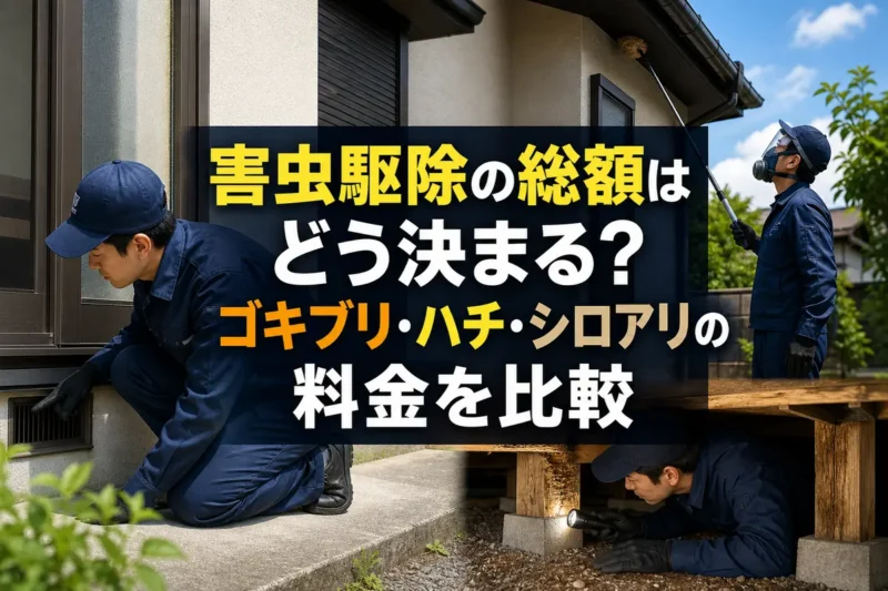 住宅でゴキブリ・ハチ・シロアリの発生箇所を点検する害虫駆除スタッフ。