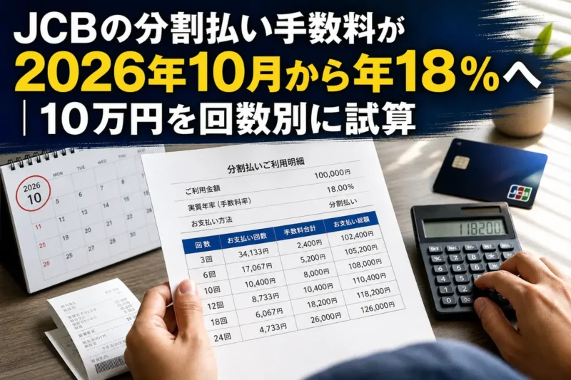 クレジットカードの分割払い手数料を明細と電卓で確認する様子。