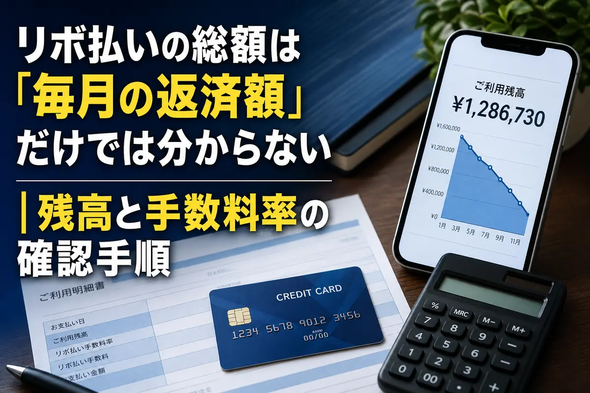 クレジットカードの利用明細と計算機でリボ払い残高を確認する様子。